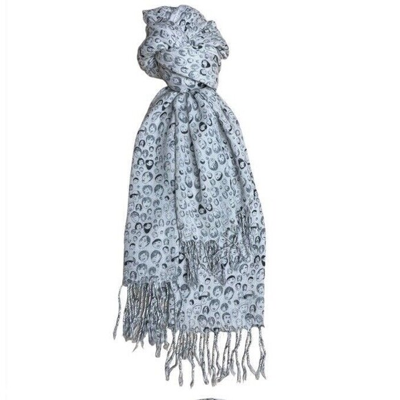 Skunkfunk Scarf Faces Fringe Lightweight Breathable Sustainable Y2K 66” Length - Picture 3 of 10